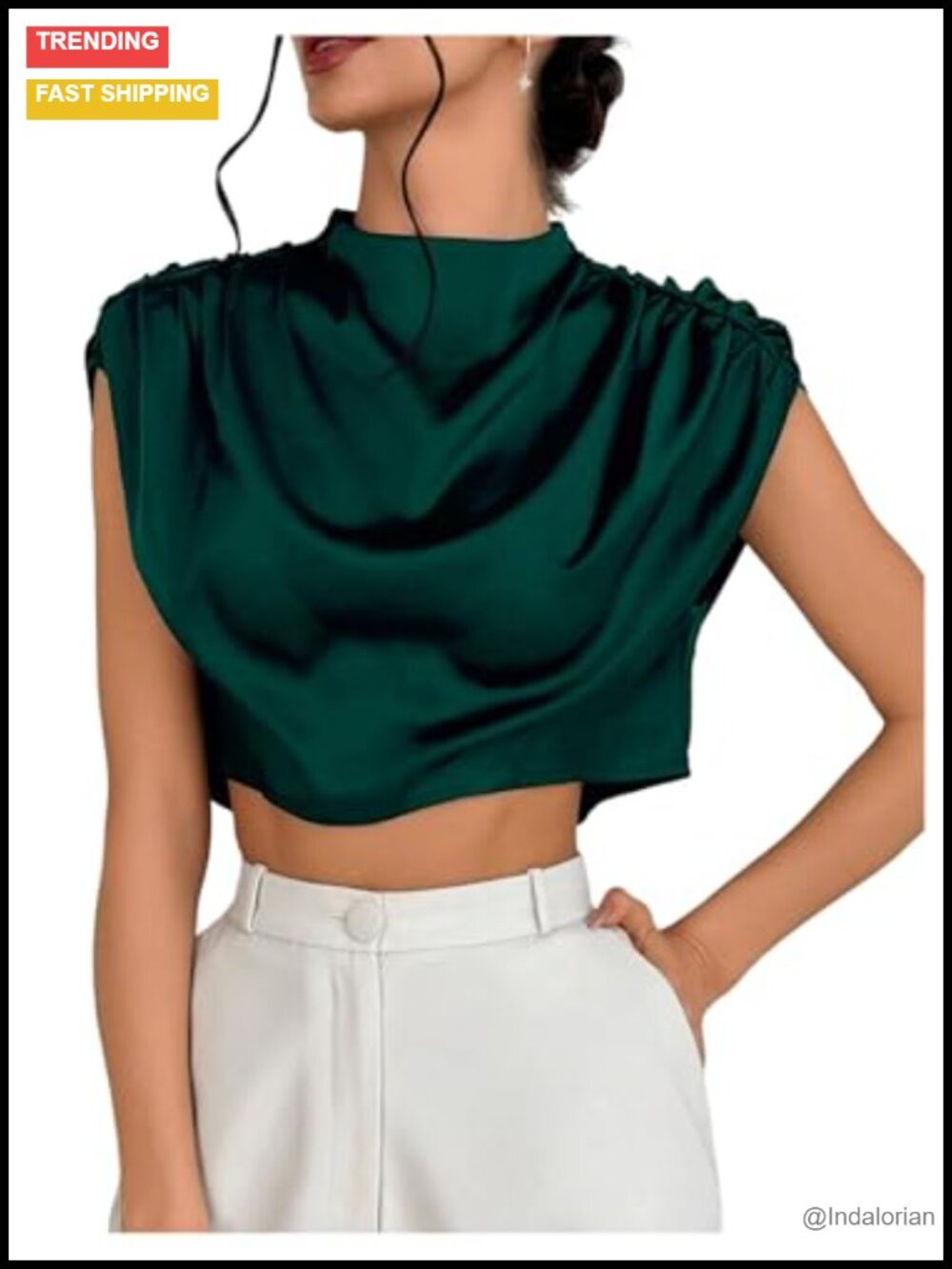 Women's Satin Ruched Blouse Stand Collar Cap Sleeve Work Crop Top